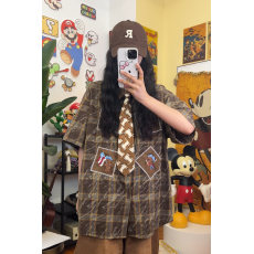 批发美式古着小熊贴布衬衫男女<b class='q'>夏</b>季vintage日系复古宽松卡通衬衣