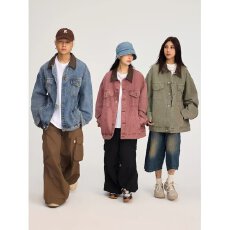 批发粉色牛仔<b class='q'>衬衫</b>外套女2026年春季新款设计感小众宽松外搭夹克上衣男