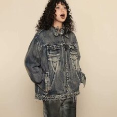 批发美式复古高街水洗做旧牛仔外套女春<b class='q'>秋</b>季宽松ing潮流夹克上衣