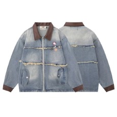 批发复古拼接翻领牛仔外套女春<b class='q'>秋</b>新款设计感小众宽松休闲夹克棒球服潮