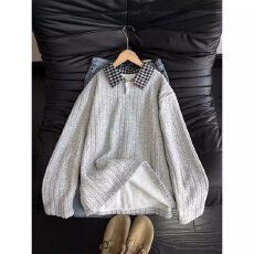 批发2026春秋季美式假两件格子拼翻领休闲<b class='q'>卫衣</b>男女同款POLO领<b class='q'>卫衣</b>潮