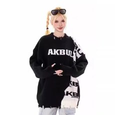 批发美式高街嘻哈拼接毛边套头毛衣潮牌设计感情侣针织衫男女款原宿