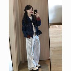 批发美式复古格子拼接牛仔外套女春<b class='q'>秋</b>季新款宽松百搭休闲工装夹克上衣