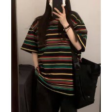 批发夏季新款港味复古oversize短<b class='q'>袖</b>上衣男女五分<b class='q'>袖</b>宽松条纹半<b class='q'>袖</b><b class='q'>T</b><b class='q'>恤</b>潮