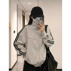 批发美式复古条纹<b class='q'>卫衣</b>外套女秋冬潮牌街头两道杠宽松百搭立领运动<b class='q'>开衫</b>