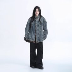 批发美式vibe做旧牛仔外套男女春秋潮牌痞帅休闲夹克宽松<b class='q'>大码</b>工装上衣