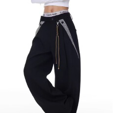 批发美式高级设计感阔腿<b class='q'>西装</b>休闲裤<b class='q'>男</b>女宽松垂感复古街头柳钉褶布长裤