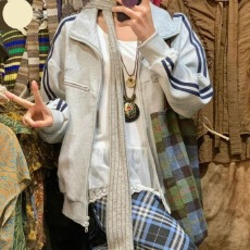 批发美式复古条纹<b class='q'>卫衣</b>外套女秋冬潮牌街头两道杠宽松百搭立领运动<b class='q'>开衫</b>