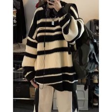 批发大码<b class='q'>胖</b>妹妹日系复古彩虹条纹毛衣女春秋冬慵懒风宽松针织开衫外套