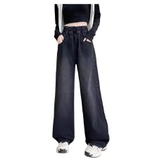 批发2025新款秋冬加绒加厚<b class='q'>松紧腰</b>牛仔阔腿裤女大码胖妹妹遮大腿休闲裤