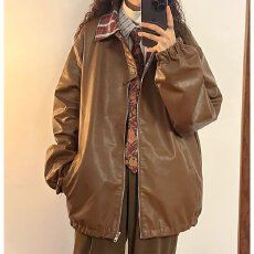 批发新款翻领皮衣<b class='q'>外套</b>男女学生格子拼色休闲宽松大码情侣夹克PU双面穿