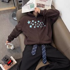 批发2026美式徽章星星印花连帽<b class='q'>卫衣</b>男女款国潮牌时尚<b class='q'>开衫</b>拉链外套