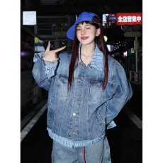 批发小众设计感格子拼接牛仔外套男女美式潮牌<b class='q'>休闲</b>情侣假两件<b class='q'>夹克</b>