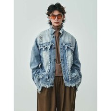 批发美式复古重工水洗做旧流苏毛边牛仔<b class='q'>夹克</b>男女潮牌<b class='q'>休闲</b>情侣外套上衣