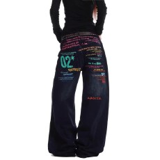 批发美式高街辣妹彩色字母微喇牛仔裤男女春季宽松休闲直筒阔腿裤嘻哈