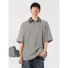 批发复古老钱风格纹撞色<b class='q'>衬衫</b>领短袖T恤男女<b class='q'>情侣</b><b class='q'>宽松</b>百搭上衣百搭新款