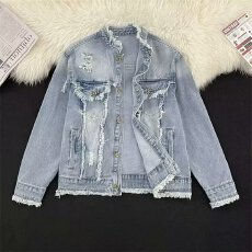 批发高街毛边设计水洗牛仔夹克男女bf春<b class='q'>秋</b>季小众宽松重工破洞立领外套