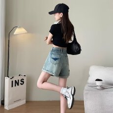 批发大码牛仔短裤女2026年夏季新款水洗<b class='q'>松紧腰</b>韩版宽松阔腿短裤翻边女