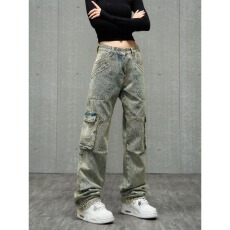 批发美式复古高街多口袋工装牛仔裤男女潮牌宽松大口袋拼接直筒休闲裤