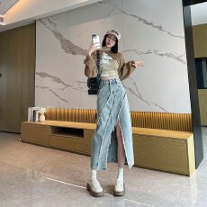 批发不规则开叉牛仔A字半身裙女夏季新款高腰显瘦毛边中长裙