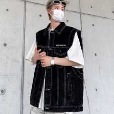 批发BJHG不计后果<b class='q'>秋</b>季水洗做旧工装马甲女潮美式复古牛仔无袖坎肩外套