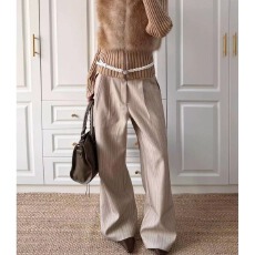 批发美式复古通勤高智老钱风条纹西裤男女宽松垂感百搭弯刀休闲西装裤