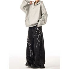 批发美式复古闪电刺绣直筒半<b class='q'>松紧腰</b><b class='q'>牛仔裤</b>男女宽松直筒嘻哈休闲裤子潮