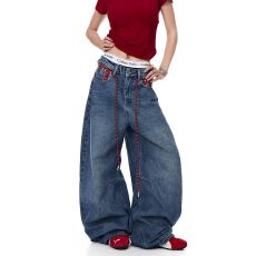 批发美式炸街配腰绳<b class='q'>格子</b>拼接牛仔<b class='q'>裤</b>男女小众复古阔腿直筒拖地长<b class='q'>裤</b>潮流