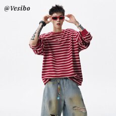 批发潮流ins2026春秋季复古条纹圆领<b class='q'>长袖</b><b class='q'>T</b><b class='q'>恤</b><b class='q'>男</b>女潮牌情侣宽松百搭上衣