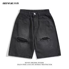 批发夏季复古做旧水洗破洞<b class='q'>牛仔</b><b class='q'>短裤</b><b class='q'>男</b>女宽松酷帅高街直筒休闲五分裤