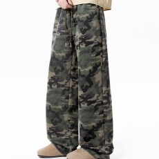批发美式复古迷彩休闲运动裤<b class='q'>男</b>女款街头春秋季宽松百搭阔腿直筒卫裤