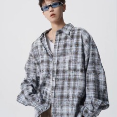 批发小众设计感提花美式街头格子<b class='q'>衬衫</b>外套<b class='q'>男</b>女宽松防晒<b class='q'>长袖</b><b class='q'>衬衣</b>潮流