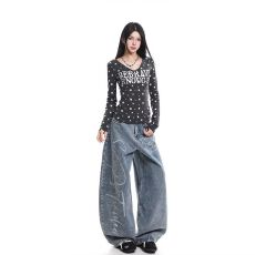 批发美式复古字母印花弯刀泼墨牛仔裤<b class='q'>男</b>女街头潮牌宽松休闲阔腿裤