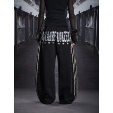 批发美式复古高街拼接豹纹三条杠字母印花弯刀卫裤<b class='q'>男</b>女宽松阔腿长裤潮