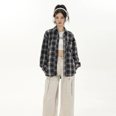 批发春季日系复古格子<b class='q'>长袖</b><b class='q'>衬衫</b><b class='q'>男</b>女美式街头潮牌宽松bf风新款休闲<b class='q'>衬衣</b>