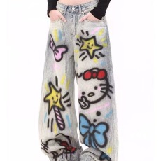 批发卡通涂鸦设计感牛仔裤男女美式高街解构直筒裤街头阔腿裤