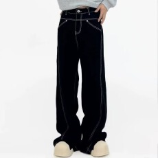 批发美式质感黑窄版阔腿牛仔裤男女春秋款显瘦高腰设计感直筒拖地裤