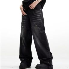 批发做旧设计感牛仔裤男女<b class='q'>潮</b>牌美式hiphop休闲裤子秋冬季痞帅宽松阔腿