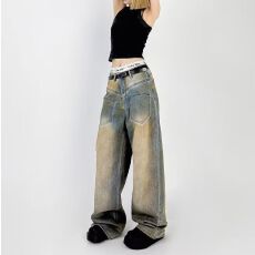批发设计感复古水洗做旧脏脏裤宽松直筒牛仔裤女大码拖地阔腿裤<b class='q'>潮</b>