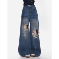 批发美式高街破洞做旧牛仔裤复古设计感阔腿宽松拖地长裤