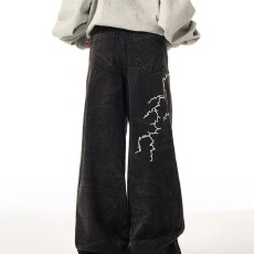 批发美式复古闪电刺绣直筒半<b class='q'>松紧</b>腰<b class='q'>牛仔裤</b>男女宽松直筒嘻哈休闲裤子潮