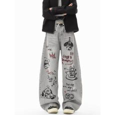 批发美式卡通涂鸦牛仔裤女春季高街设计感阔腿裤子复古垂感直筒拖地裤