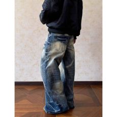 批发美式复古水洗做旧猫须阔腿弯刀牛仔裤男女新款小众通勤长裤