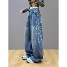 批发秋冬新款美式复古刺绣弯刀牛仔裤女宽松阔腿长裤百搭显瘦裤子