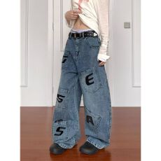 批发美式复古大口袋字母刺绣牛仔裤女秋季新款宽松直筒阔腿拖地长裤子