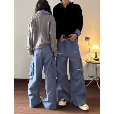 批发格纹贴布破坏补丁男女同款工装裤宽松长裤子春秋季<b class='q'>潮</b>牌休闲裤