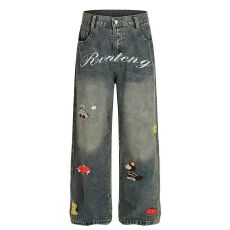 批发卡通毛巾绣水洗做旧牛仔裤男女直筒宽松阔腿裤秋季美式高街裤子<b class='q'>潮</b>