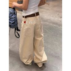 批发美式覆古星星字母刺绣设计感街头直筒宽松阔腿牛仔裤男女