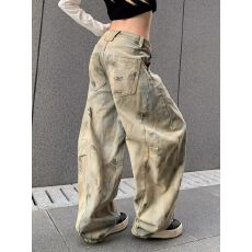 批发美式痞帅高级感脏脏裤子牛仔裤长裤新款男女直筒弯刀裤做旧宽松