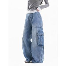 批发<b class='q'>潮</b>流百搭日系流行文艺慵懒简约原宿水洗做旧大口袋弯刀牛仔裤新款